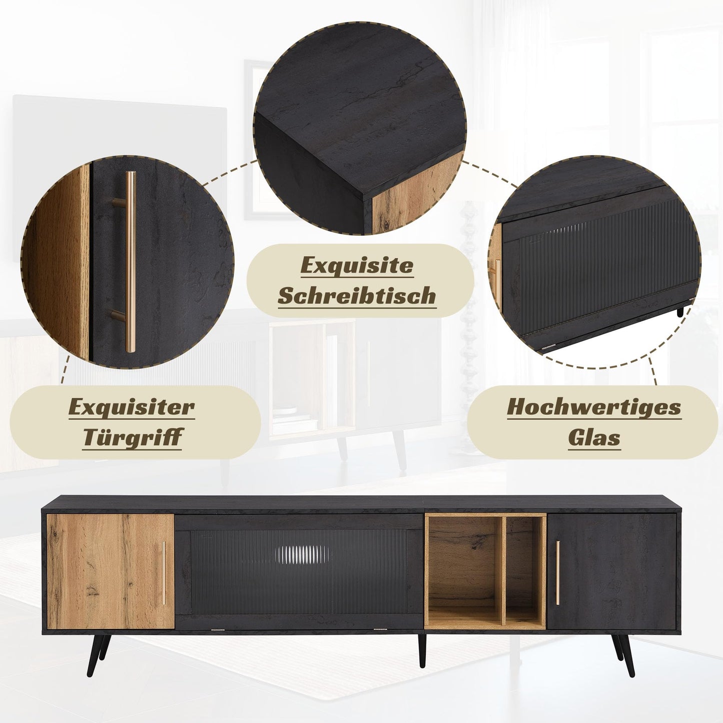 Fppuueg Mueble para TV de 200 cm, Soporte para TV de 90 Pulgadas con 2 Puertas, Armario Bajo con Puertas de Cristal Plegables y Espacio de Almacenamiento para Salón Dormitorio, Gris
