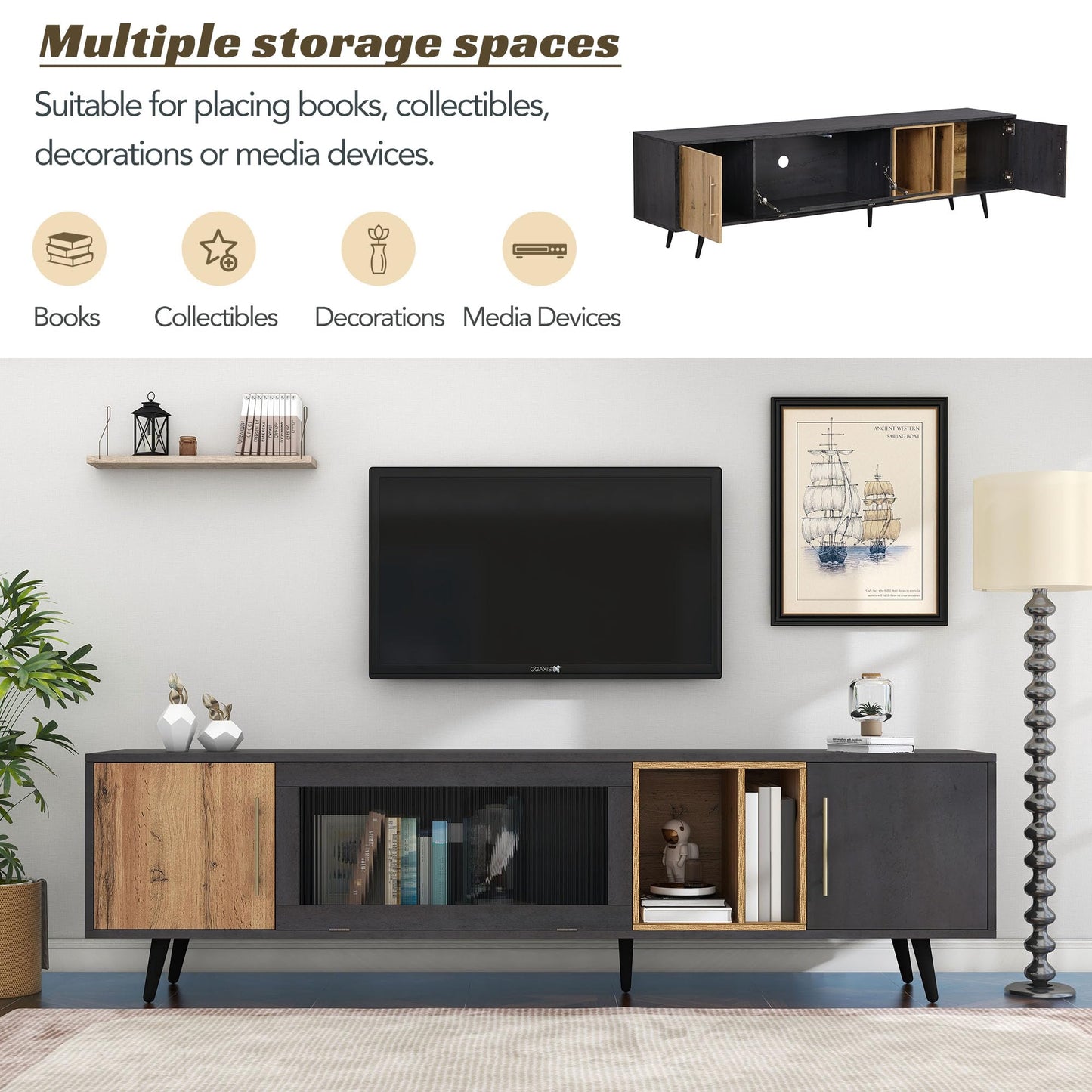 Fppuueg Mueble para TV de 200 cm, Soporte para TV de 90 Pulgadas con 2 Puertas, Armario Bajo con Puertas de Cristal Plegables y Espacio de Almacenamiento para Salón Dormitorio, Gris