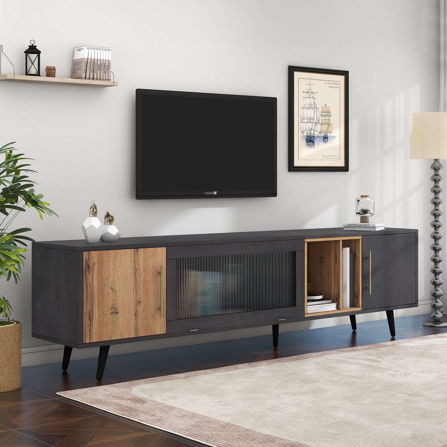 Fppuueg Mueble para TV de 200 cm, Soporte para TV de 90 Pulgadas con 2 Puertas, Armario Bajo con Puertas de Cristal Plegables y Espacio de Almacenamiento para Salón Dormitorio, Gris