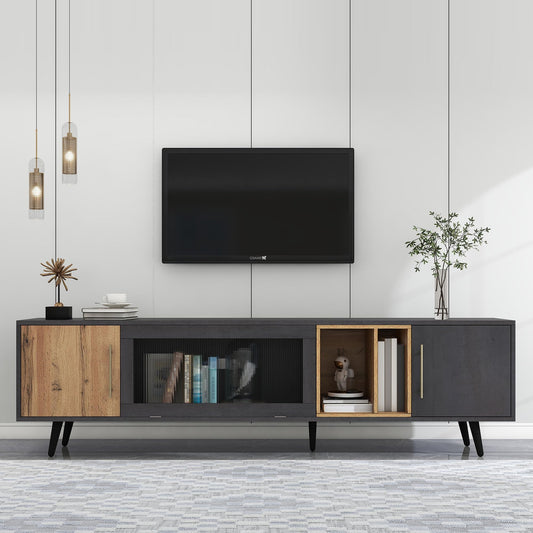 Fppuueg Mueble para TV de 200 cm, Soporte para TV de 90 Pulgadas con 2 Puertas, Armario Bajo con Puertas de Cristal Plegables y Espacio de Almacenamiento para Salón Dormitorio, Gris